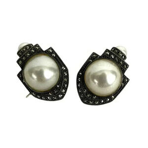 VTG Judith Jack Sterling Silver Faux Pearl Marcasite Earrings JJ Signed 19 Grams
